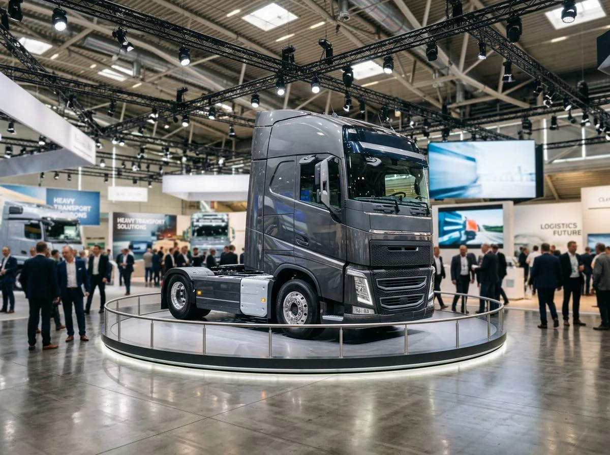 Camion présenté sur une plateforme tournante lors d’un salon professionnel