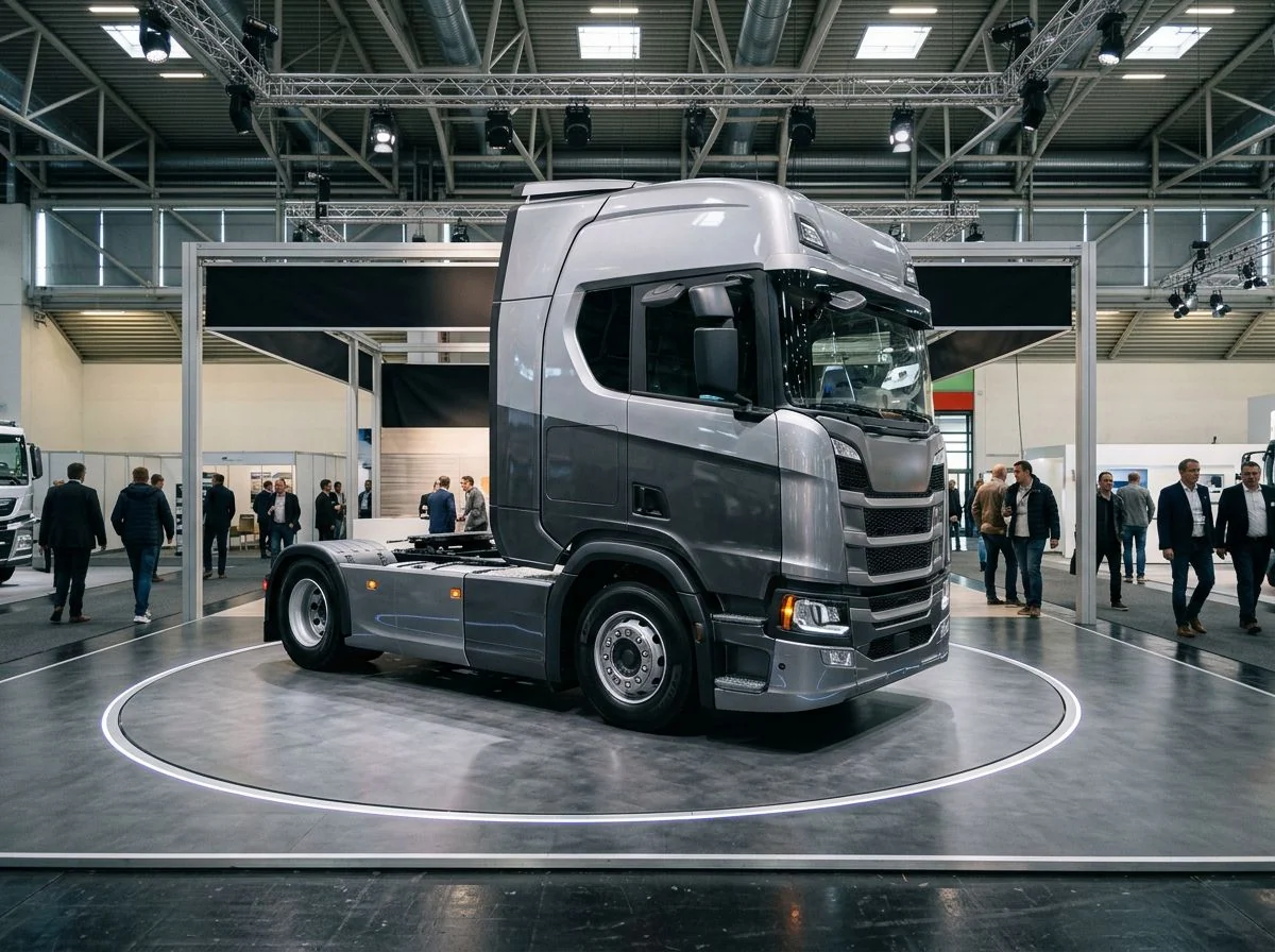 Camion sur une plateforme tournante lors d’un salon professionnel