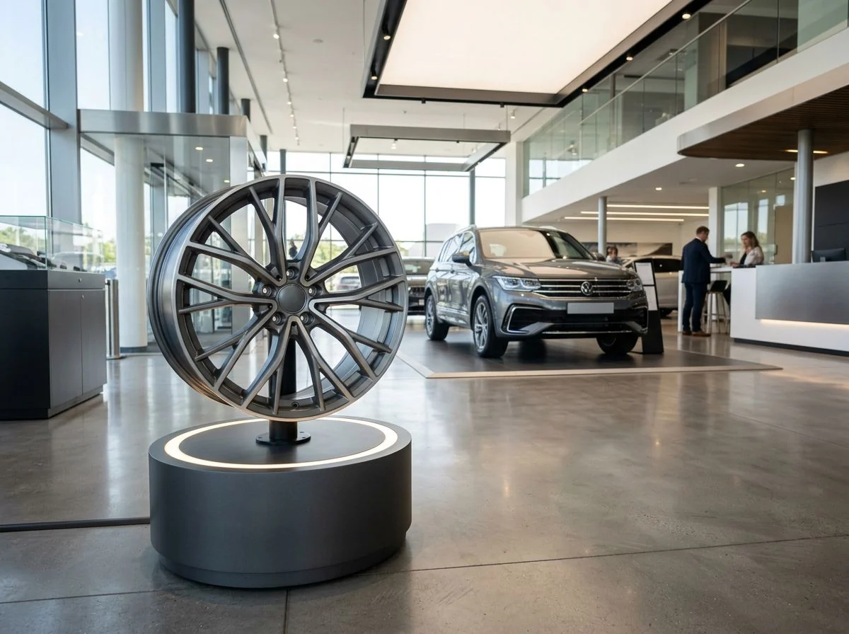 Jante automobile exposée sur un présentoir tournant
