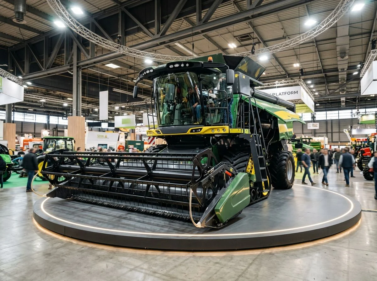 Machine agricole présentée sur une plateforme tournante