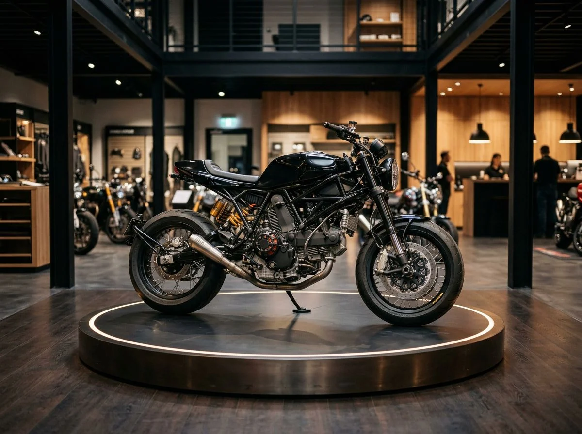 Moto roadster présentée sur une plateforme tournante
