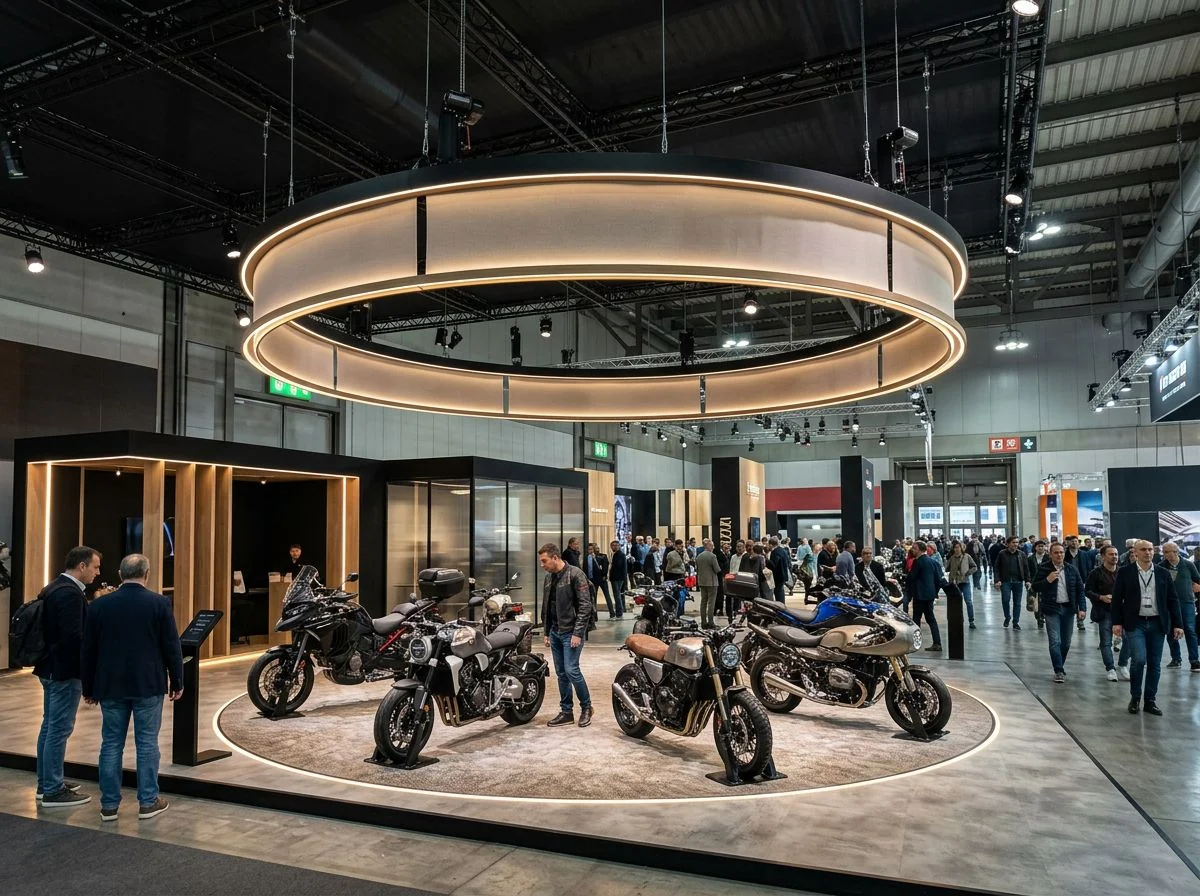Motos présentées sur une plateforme tournante de salon
