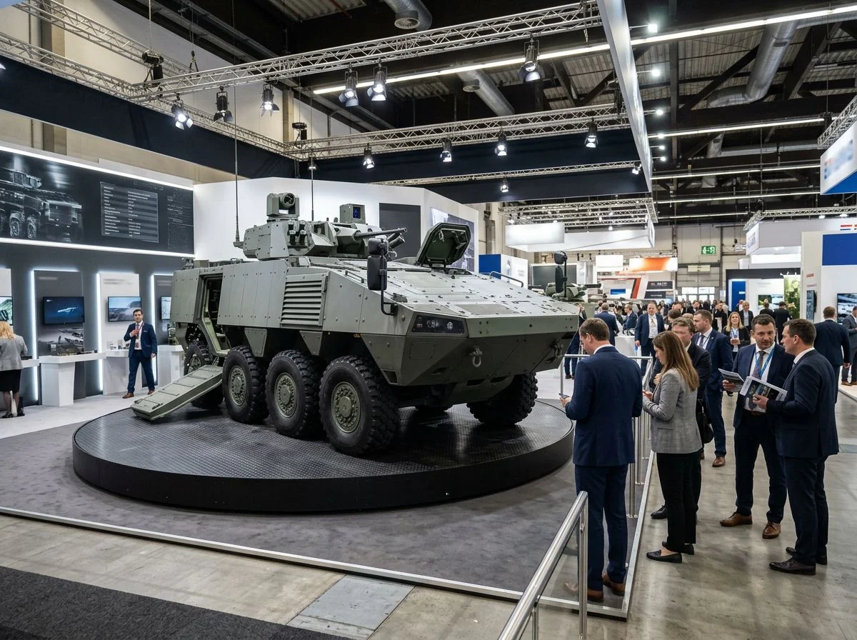 Véhicule militaire blindé sur une plateforme tournante
