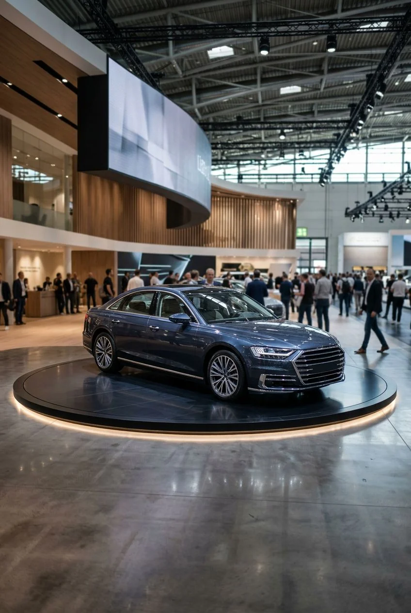 Berline présentée sur un podium tournant lors d’un salon automobile