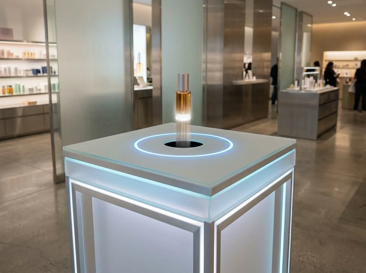 Produit cosmétique présenté sur un mobilier lumineux