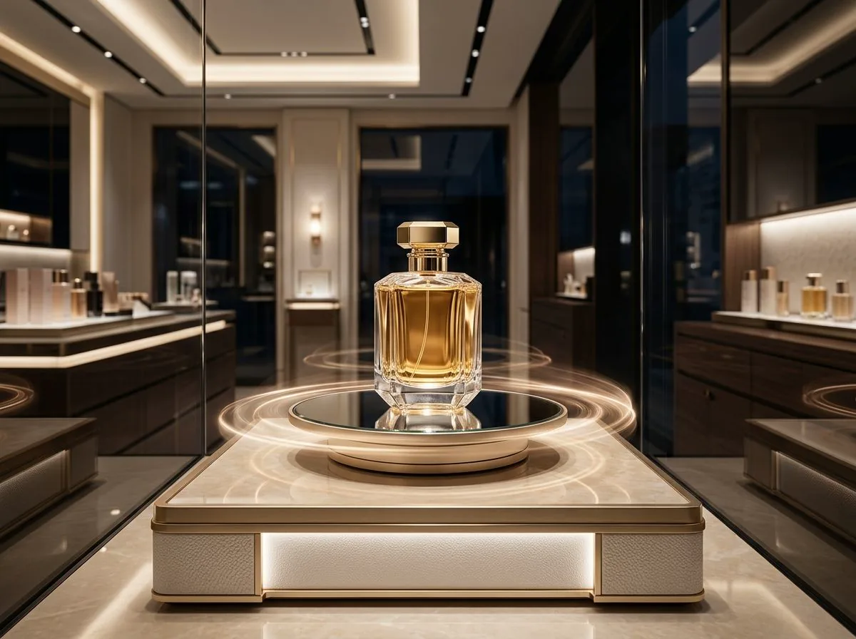 Parfum présenté sur un plateau tournant lumineux