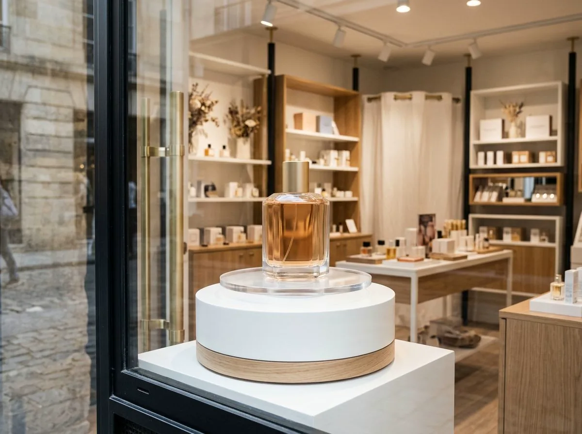 Mécanisme intégré dans une PLV de parfumerie