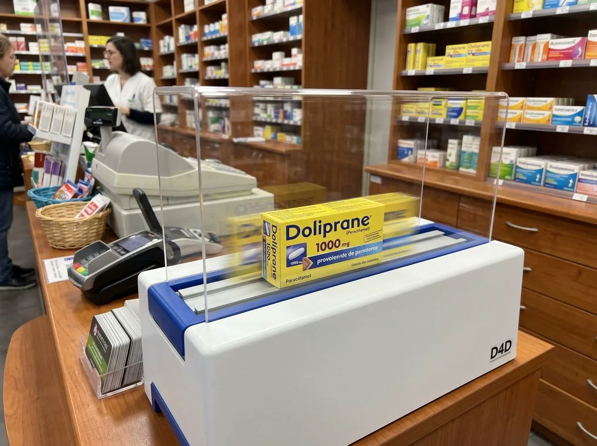 Présentoir linéaire Doliprane sur un comptoir de pharmacie