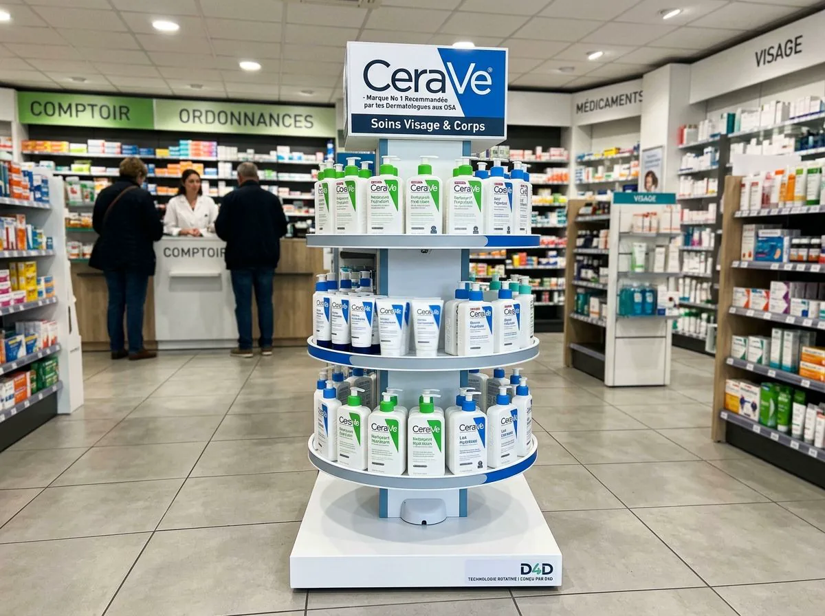 Présentoir rotatif CeraVe au centre d’une pharmacie