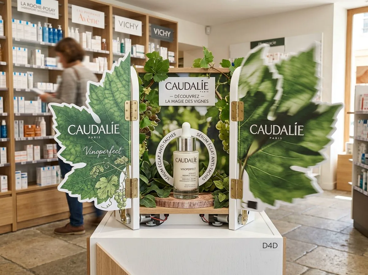 PLV cinétique Caudalie avec panneaux mobiles