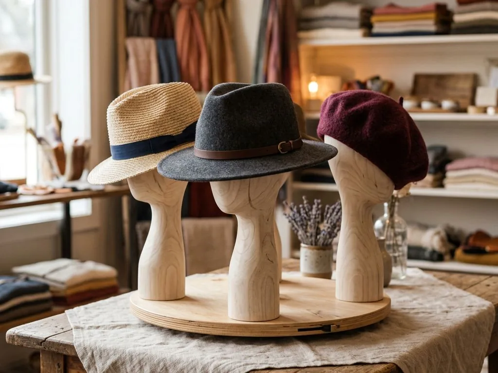 Chapeaux présentés sur un présentoir tournant en boutique