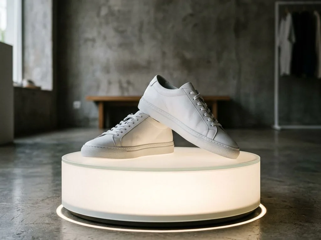 Chaussures présentées sur un plateau tournant lumineux pour une vitrine de prêt-à-porter