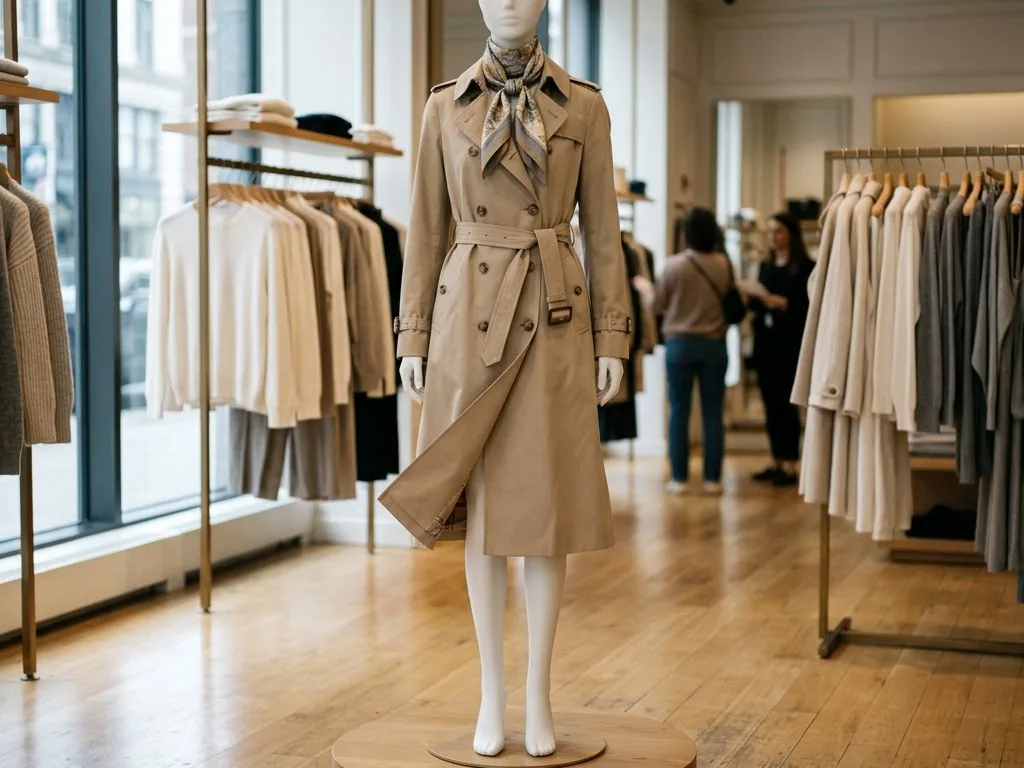 Mannequin en trench-coat dans une boutique de prêt-à-porter