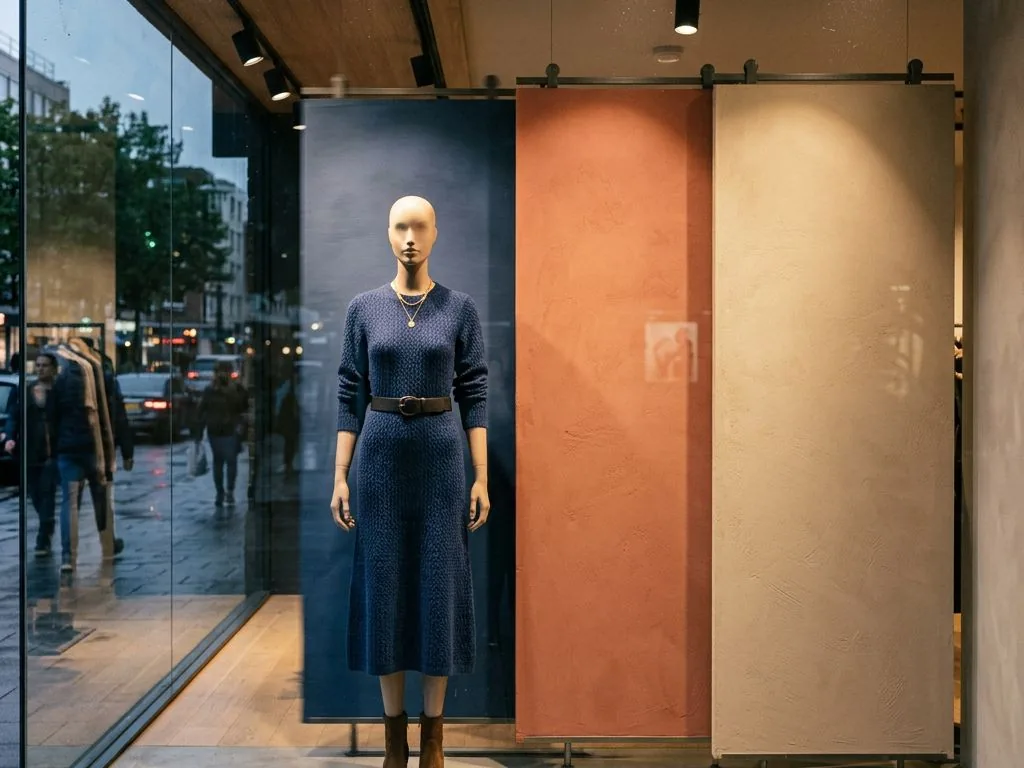 Mannequin en robe dans une vitrine de prêt-à-porter
