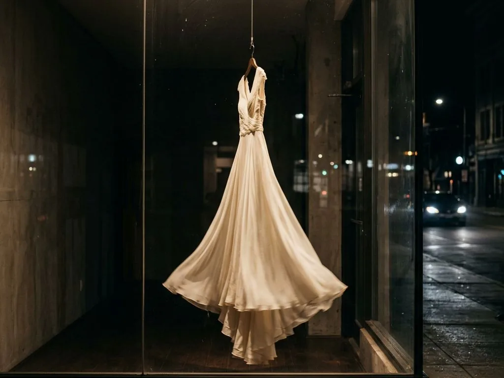 Robe suspendue et mise en scène dans une vitrine