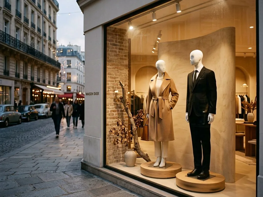 Vitrine de prêt-à-porter avec mannequins présentés sur des plateaux
