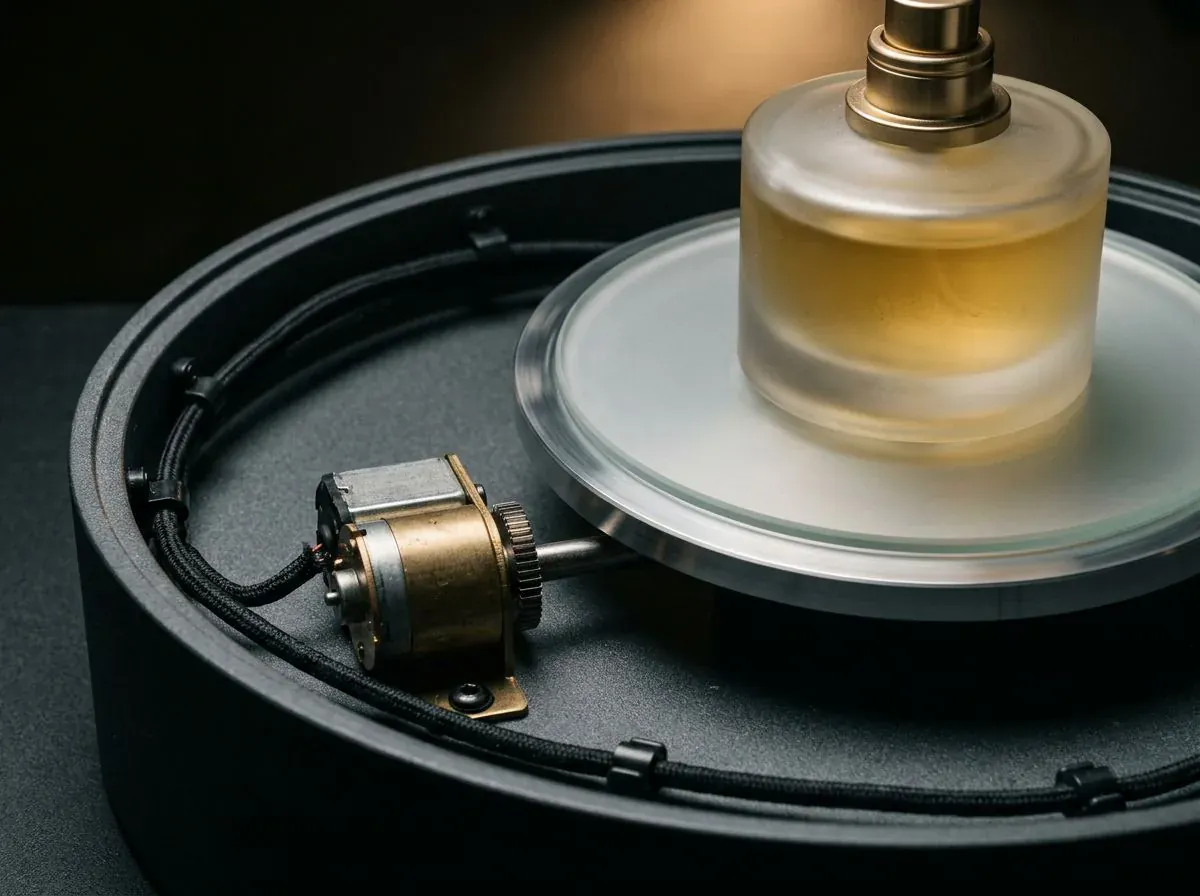 Détail d’un moteur intégré dans un présentoir rotatif