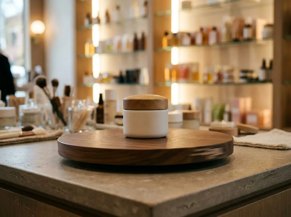 Produit présenté sur un plateau tournant de PLV en comptoir